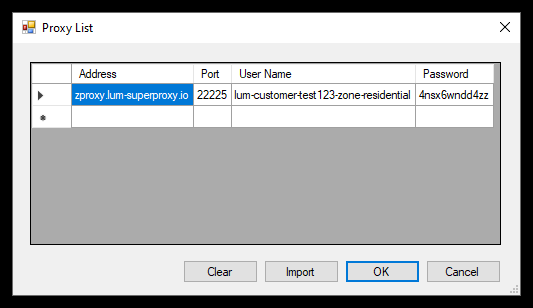 Proxy list window showing address, port, username, password.
