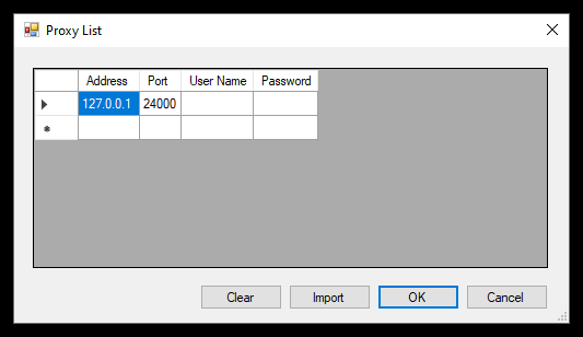 Proxy List window with IP Address and Port fields.