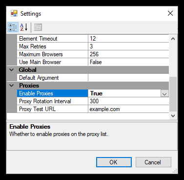 Settings window with proxy configuration options.