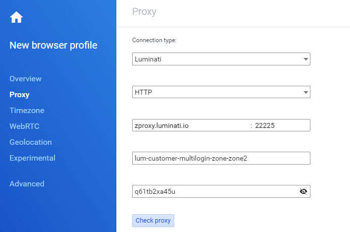 Browser proxy settings configuration screen.