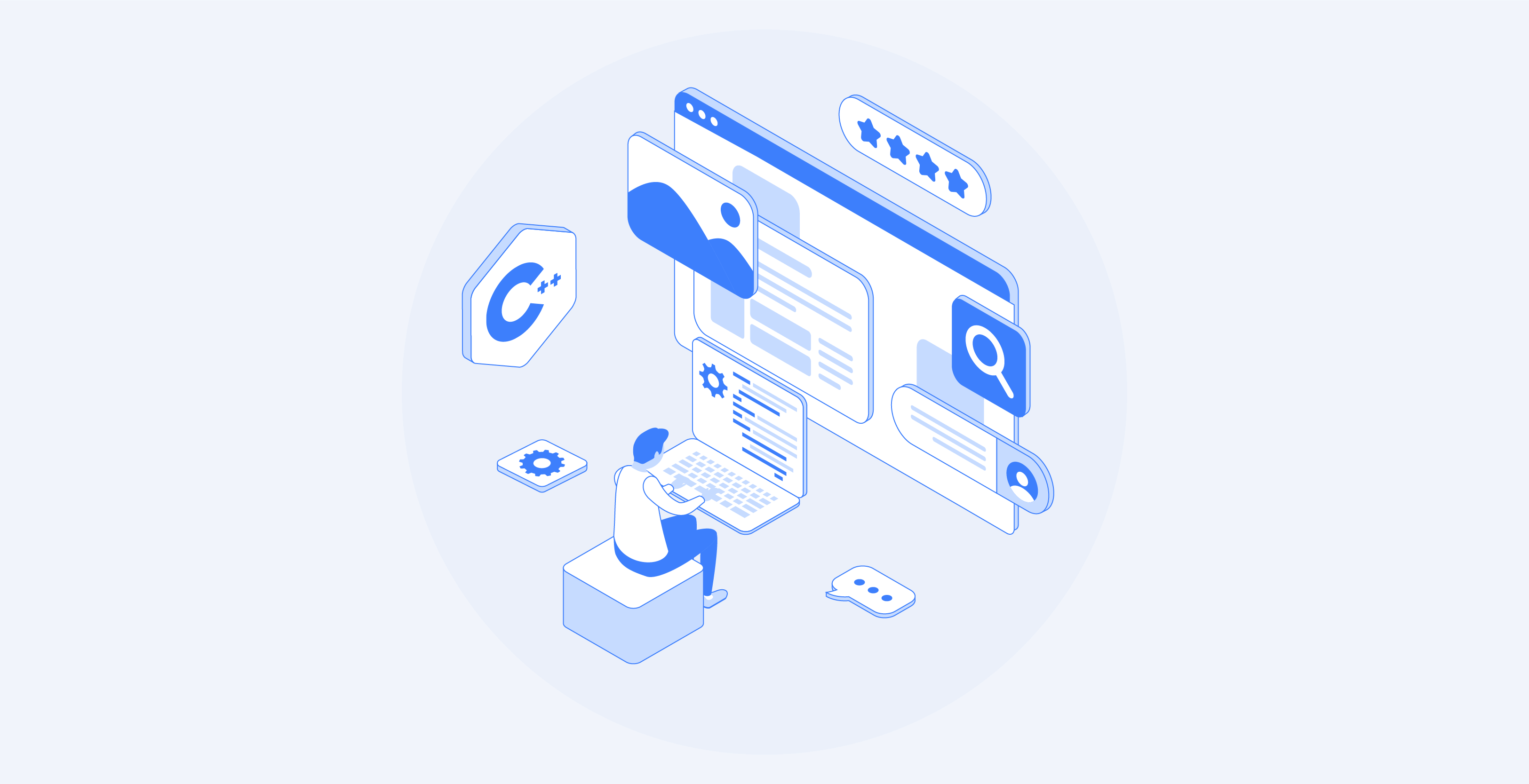 Person coding on laptop with browser and icons.
