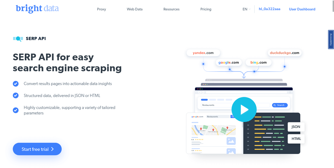 Screenshot of the Bright Data SERP API landing page