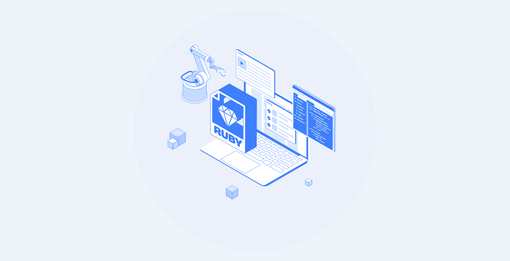 Ruby programming icon with laptop and robotic arm.