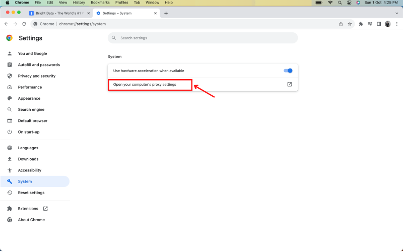 Chrome settings showing proxy settings option highlighted.