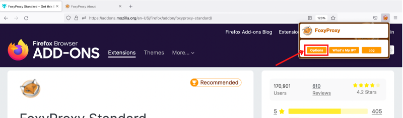 Firefox browser displaying FoxyProxy add-on page.