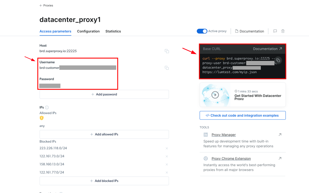 Datacenter proxy configuration page showing credentials and base CURL.