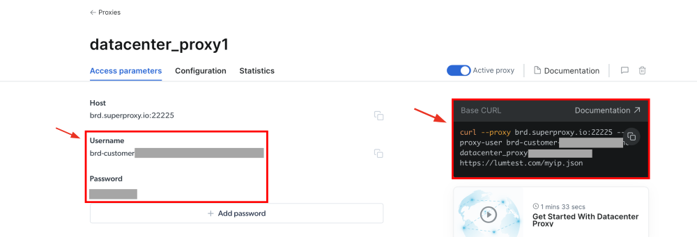 datacenter_proxy1 setup details with username and curl command