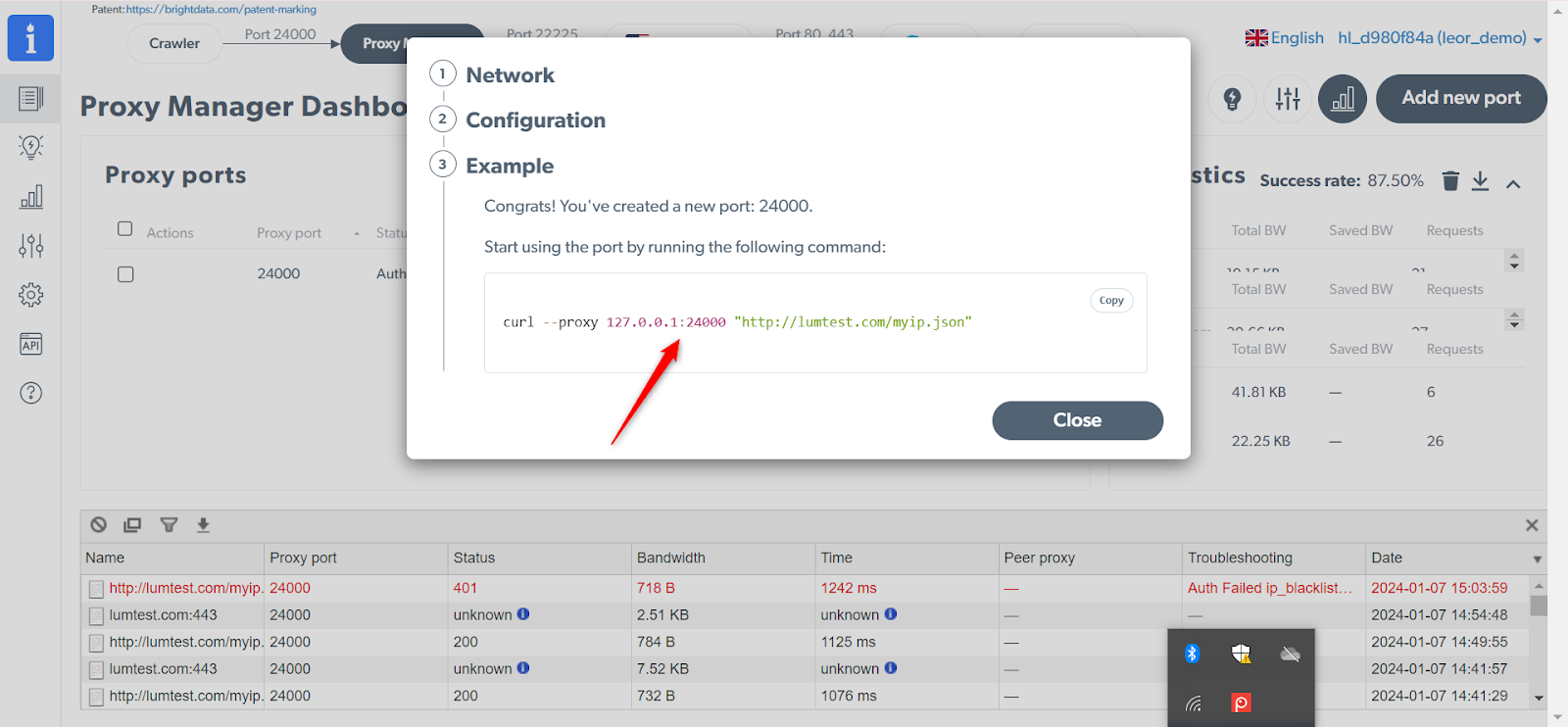 Proxy Manager Dashboard with new port configuration command.