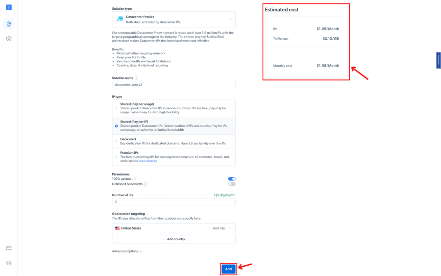 Web page displaying proxy settings and estimated cost.