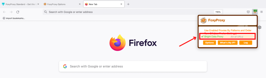 Firefox browser with FoxyProxy extension activated.