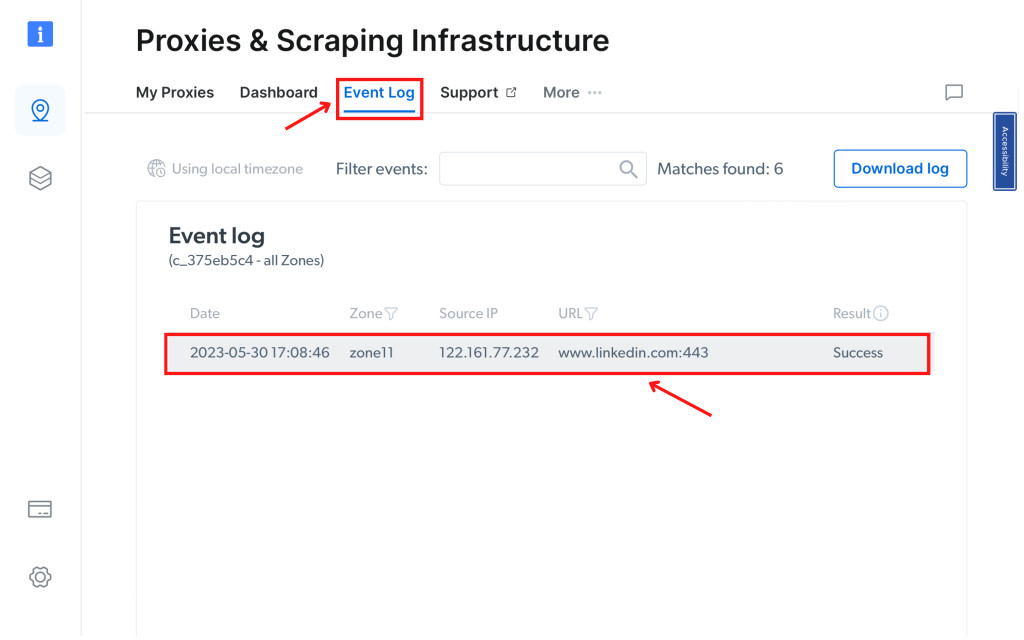 Event log entry showing a successful proxy connection.