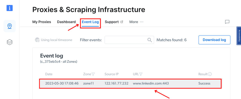 Event log entry with successful connection to LinkedIn.