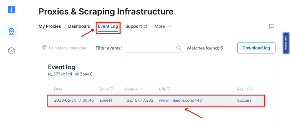 Screenshot of a proxy event log entry.