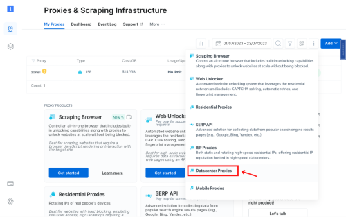Proxies and Scraping Infrastructure interface with product options.