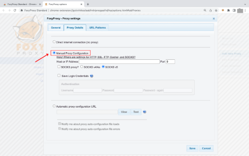 FoxyProxy settings window showing manual proxy configuration settings.