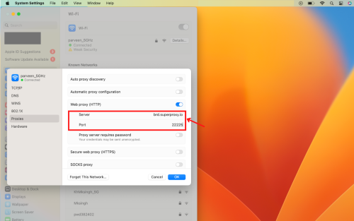 Wi-Fi proxy settings dialogue box on a Mac.