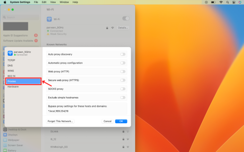 Wi-Fi proxy settings in macOS System Preferences.