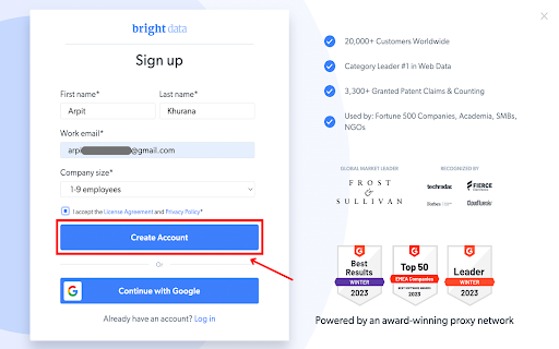 Signup form for Bright Data account creation.