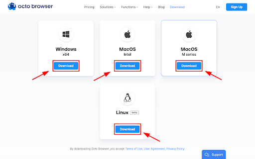 Download buttons for Windows, MacOS, and Linux versions.