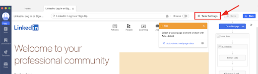 LinkedIn task settings page with Save and Run buttons.