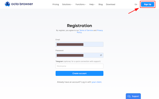 Registration page for Octo Browser account creation.