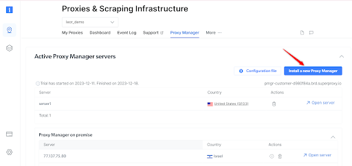 Proxy Manager interface with server details displayed.
