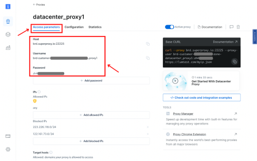 Proxy configuration page showing host, username, and password details.
