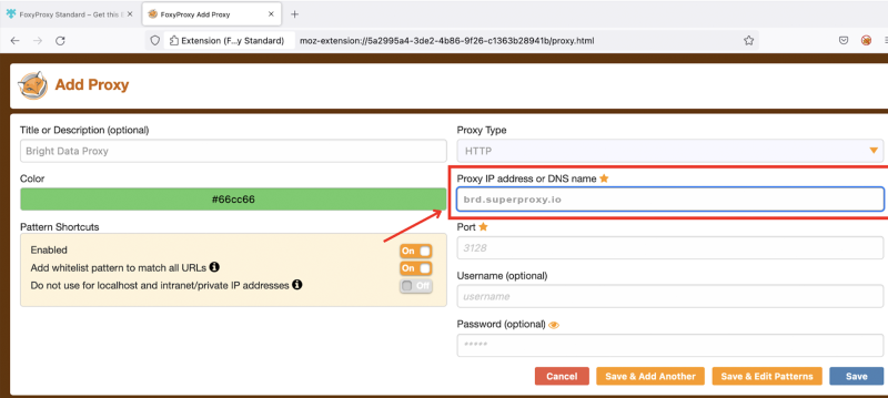 Adding a proxy in FoxyProxy extension settings.