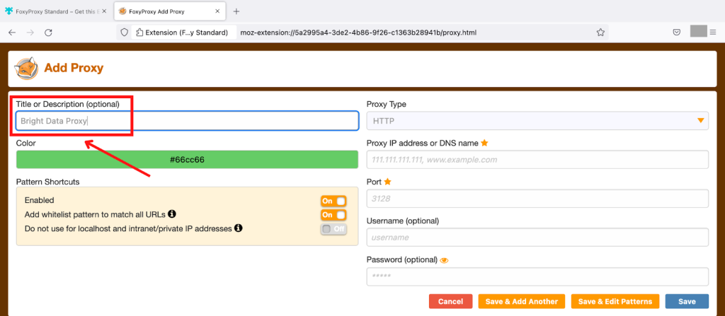 Proxy settings interface with user input fields.