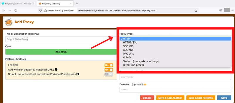 FoxyProxy add proxy settings, HTTP selected in dropdown.