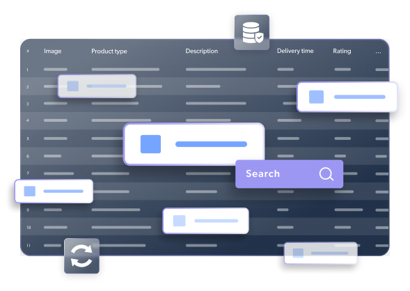 Search interface with filters and floating UI elements.