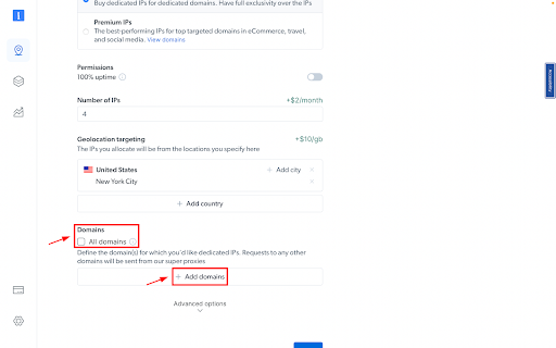 Settings page for dedicated IPs and domain targeting.