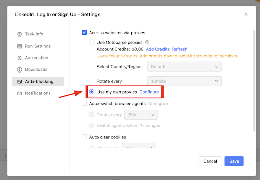 Settings window for proxy configuration options with highlights.