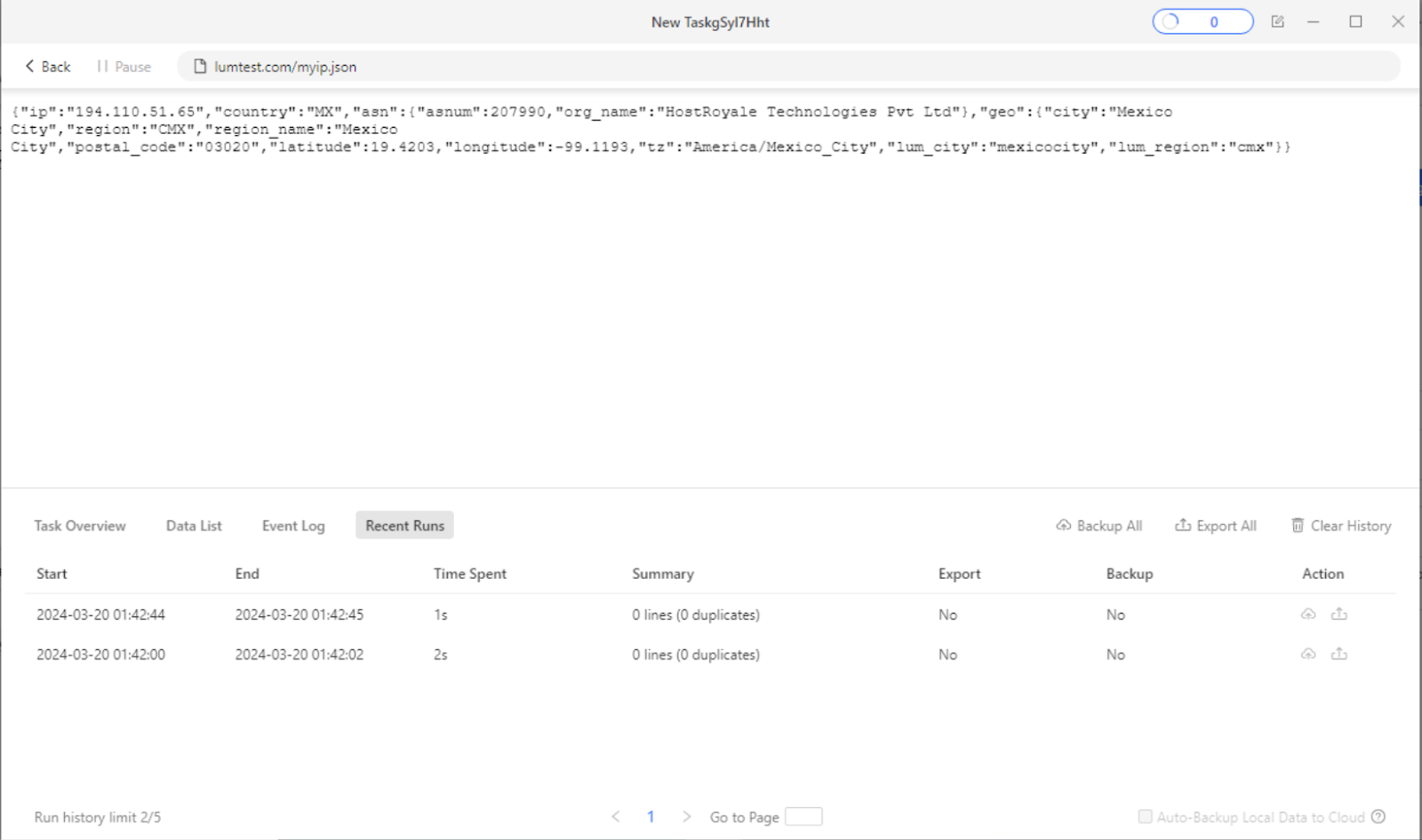 IP address details and recent runs displayed.