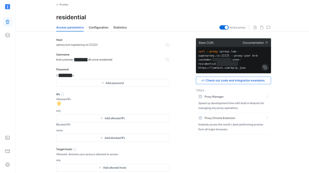 Proxy configuration access parameters user interface screen.
