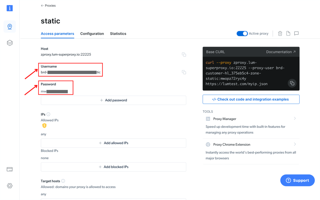 Proxy settings with fields for username and password.