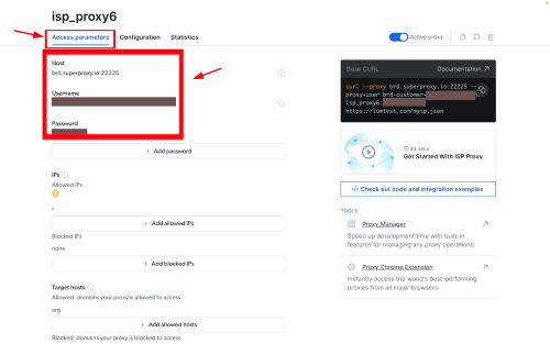 Proxy configuration page showing host, username, and password fields.