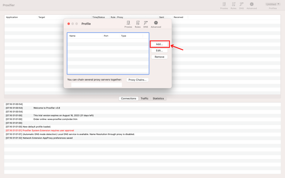 Profile configuration window in Proxifier software interface.