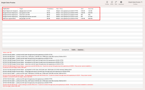 Network data processing app showing sent and received data.