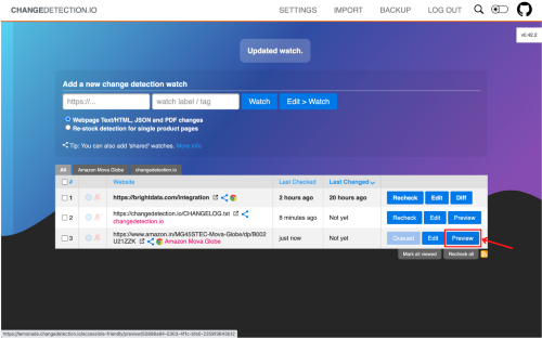 Webpage monitoring dashboard with various tracked URLs.