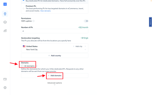 Settings page with options for adding domains.