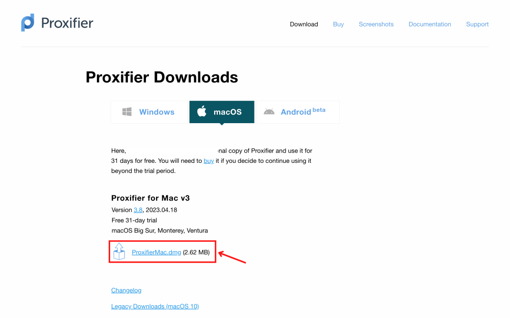 Proxifier for Mac v3 download page, version 3.8.
