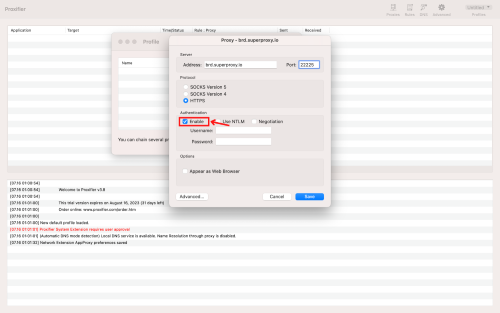 Proxy configuration window in an application.