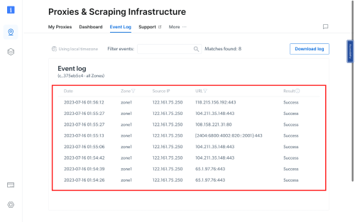 Event log with successful proxy connections and timestamps.