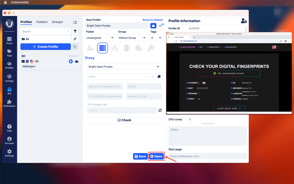 Browser fingerprint checker next to proxy setup interface.