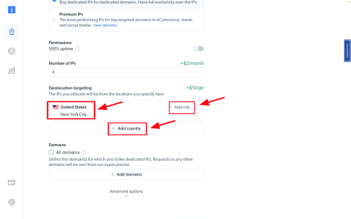 Settings page with geolocation targeting options selected.