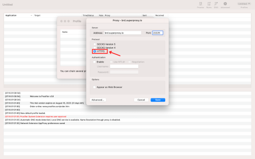 Proxy configuration window with HTTPS option selected.