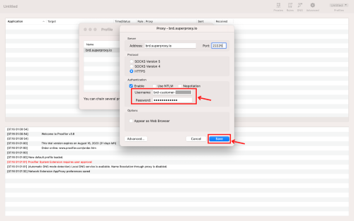 Proxy settings window with username and password fields.