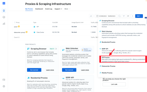 Dashboard displaying various proxy services and their details.