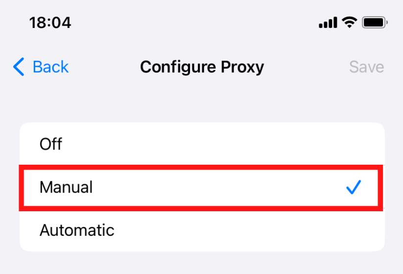 Proxy settings screen with Manual selected.